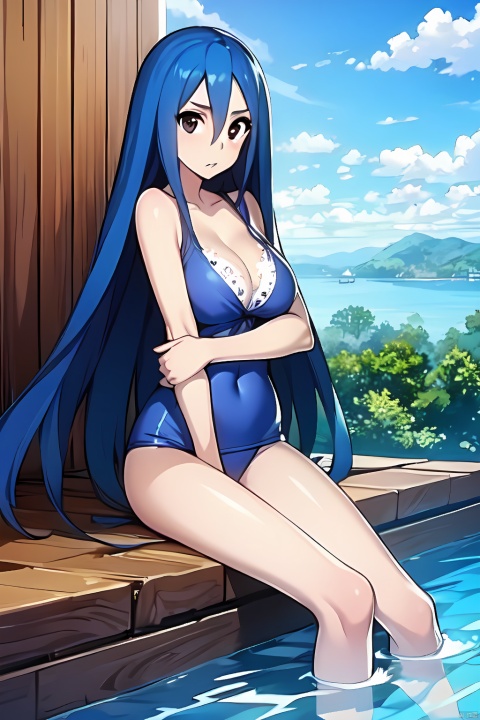  HDR,UHD,best quality,Highly detailed,masterpiece,Professional,black eyes,cangyue,1girl,solo,long hair,breasts,looking at viewer,cleavage,very long hair,blue hair,swim_wear,loli