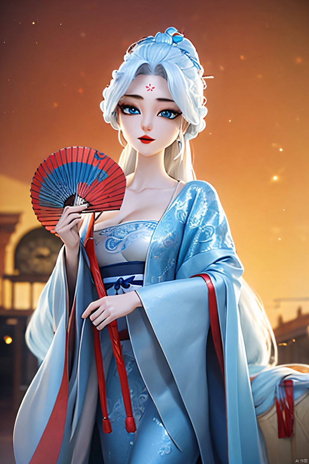  HDR,UHD,best quality,Highly detailed,masterpiece,Professional,,1girl,solo,hanfu,forehead mark,white hair,long hair,hand fan,facial mark,chinese clothes,hair ornament,looking at viewer,blue eyes,holding,long sleeves,dress,outdoors,day,red lips,sky,breasts,wide sleeves,blue sky,sash,braid, longnvchenchen