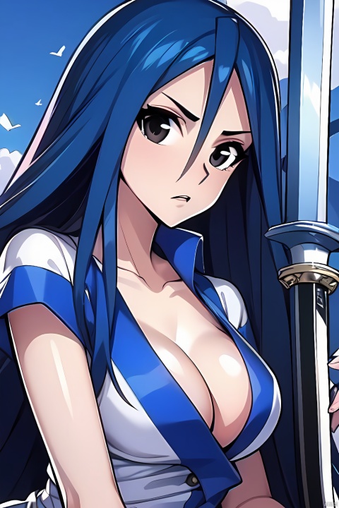  HDR,UHD,best quality,Highly detailed,masterpiece,Professional,black eyes,cangyue,1girl,solo,long hair,breasts,looking at viewer,cleavage,very long hair,blue hair,weapon,sword,katana,, cangyue