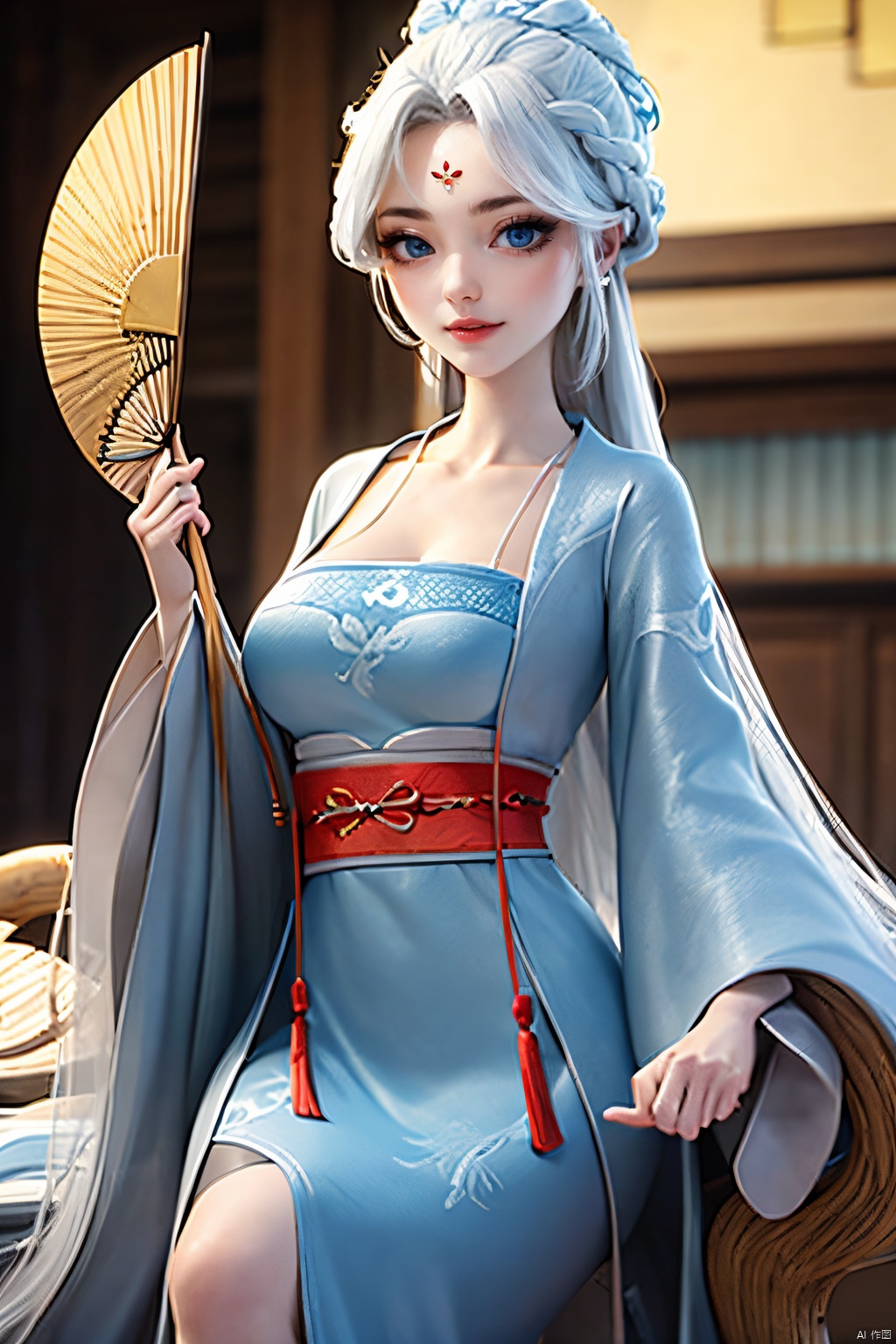  HDR,UHD,best quality,Highly detailed,masterpiece,Professional,,1girl,solo,hanfu,forehead mark,white hair,long hair,hand fan,facial mark,chinese clothes,hair ornament,looking at viewer,blue eyes,holding,long sleeves,dress,outdoors,day,red lips,sky,breasts,wide sleeves,blue sky,sash,braid,