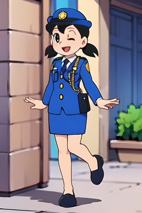  HDR,UHD,best quality,Highlydetailed,masterpiece,Professional,,jingxiang,1girl,solo,looking at viewer,smile,open mouth,skirt,black hair,hat,twintails,standing,weapon,one eye closed,necktie,uniform,black eyes,standing on one leg,short twintails,pencil skirt,police,police uniform,policewoman,police hat,