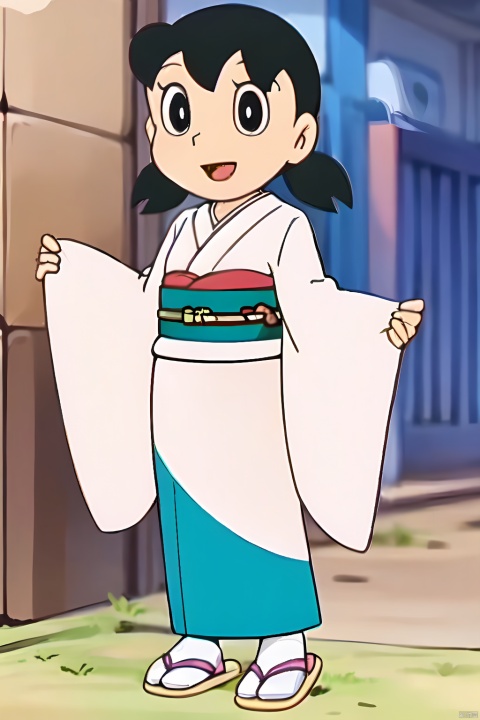  HDR,UHD,best quality,Highlydetailed,masterpiece,Professional,,jingxiang,1girl,solo,smile,short hair,open mouth,black hair,twintails,colorized japanese clothes,kimono,black eyes,sash,parody,obi,sandals,short twintails,tabi,style parody,