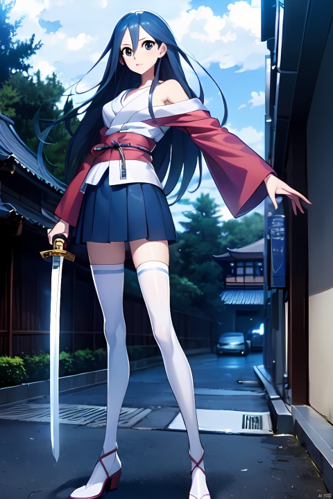  HDR,UHD,best quality,Highly detailed,masterpiece,Professional,,cangyue,black eyes,1girl,solo,long hair,skirt,thighhighs,bare shoulders,very long hair,blue hair,weapon,japanese clothes,sword, cangyue