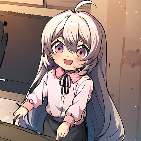  HDR,UHD,best quality,Highly detailed,masterpiece,Professional,,linlin,1girl,long hair,shirt,solo,ahoge,grey hair,skirt,long sleeves,bangs,ribbon,blush,hair between eyes,very long hair,indoors,neck ribbon,facing viewer,loli,female child,smile