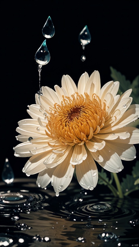 Chrysanthemum,((Water drop)),masterpiece,best quality,ultra highres,sd_mai,simple_background,