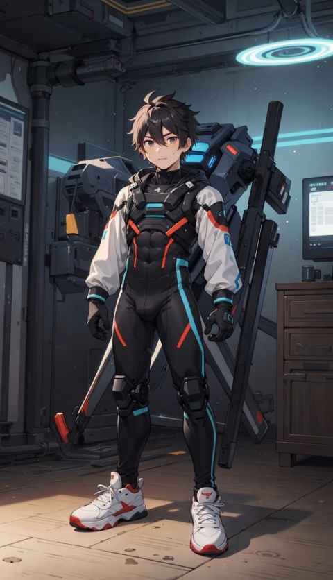  1boy, male focus, upper body, focus on face, delegated face, solo, short hair, gloves, white footwear, 
sneakers,gloves, aiguillette, looking at viewer, Calf socks, standing, (bodysuit), hair between eyes, qingshan, full body,triangle black hole, Mecha,1male,tianqi,cozy animation scenes,machinery,room, Male focus,