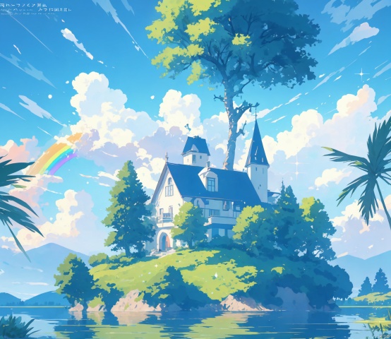  (Masterpiece: 1.2), Best Quality, PIXIV, Cozy Animation Scene, Landscape, No Man, Plant, Tree, Window, Sky, Sky, Sky, Building, Clouds, Sunlight, Watermark, Lake, Sparkling Lake, Island in the Center of Lake, Rainbow, Towering Tree, Tree, Forest,crater,The sea, the ocean,