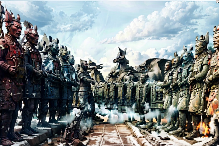  bright ,high quality,realistic,binmayong, 46 men, statues dressed in armor, lined up in a square formation, carrying rocket launchers, guns,tank,their heads looking towards the camera, solemn and majestic, magnificent and grand, realistic,leihua,