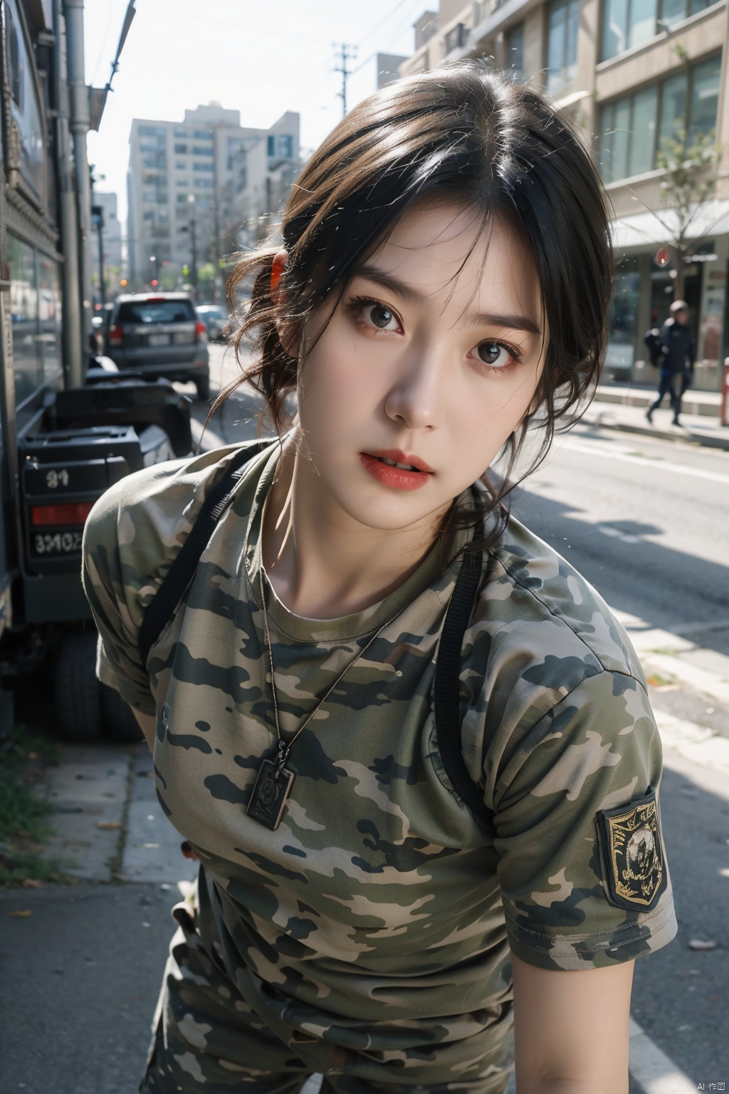 Woman, in military uniform, Urban, gritty cityscape, camouflage colors, Rifle, military base, strategic operations, unwavering loyalty, strong face, (photo realistic: 1.3), Intense lighting, (tough and battle-hardened skin: 1.2), 8K ultra-hd, DSLR, high quality, high resolution, 8K, disciplined movements, impeccable training, MilitaryWoman, Resilient age, combat boots, dog tags, tactical gear, sense of duty, BattleCommander.