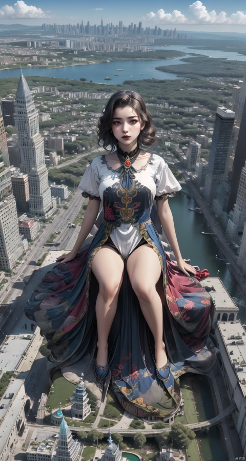  A captivating giantess, sitting on a city bridge, her legs dangling over the edge as she watches the traffic below. Her peaceful expression and serene demeanor make her seem like a gentle giant, observing the city with a sense of wonder.