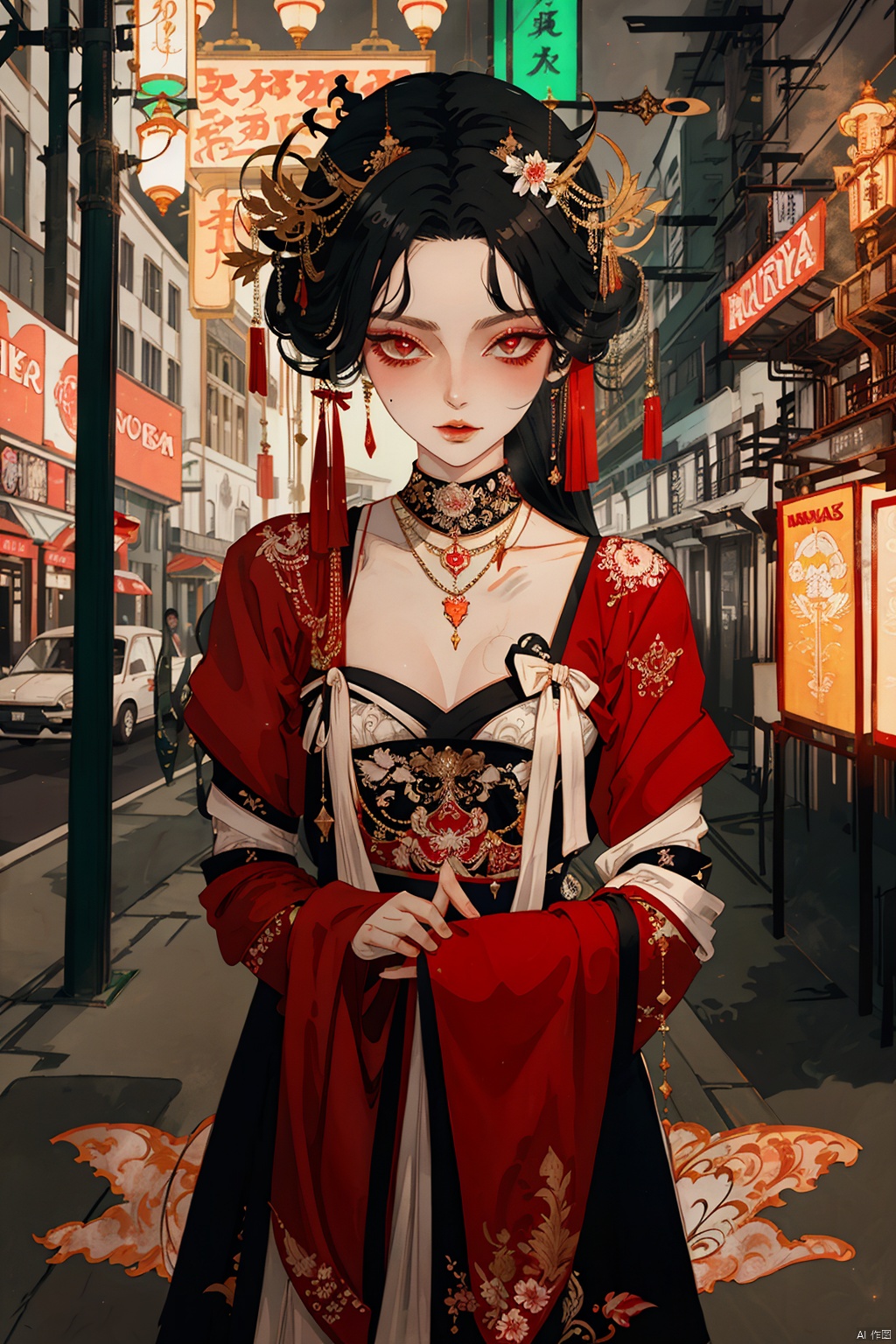  A sultry femme fatale in a form-fitting crimson gown, the rich fabric clinging to her curves as she stands in a dimly lit alley bathed in the glow of neon signs. Her smoky gaze carries a hint of danger and intrigue, as she embodies the allure of mystery and seduction in a gritty urban setting., yunv