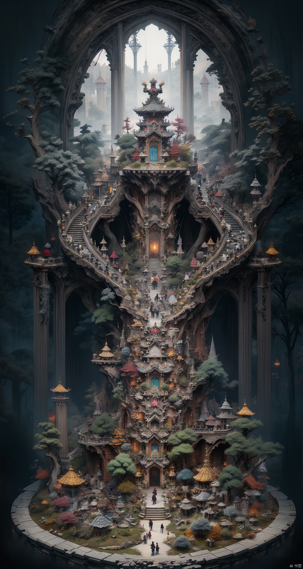  Enigmatic Fantasy Forest: Enter a realm of enchantment and wonder captured through the lens of a visionary photographer. This picture-perfect diorama, rich in fantasy style, unveils a lush forest teeming with whimsical elements. Trees adorned in vibrant hues of greens and golds tower above, while magical creatures, including Chinese dragons, with intricate dragon claws and flowing Ryuu tails, take flight through the dappled sunlight. It's a scene that transports viewers to a world where imagination knows no bounds.
