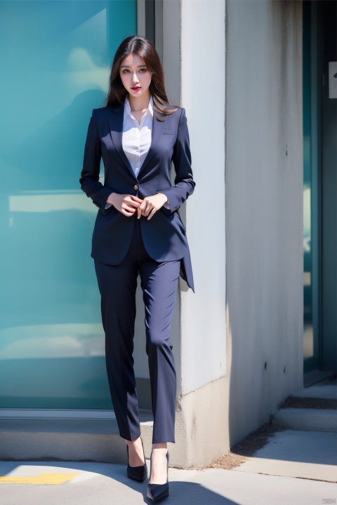  1 woman in suit standing on the sidewalk, cityscape, day, sunny morning, professional lighting, photon mapping, radiosity, Brazilian woman, torn, shirt, woman in suit, silk suit, (\meng ze\)