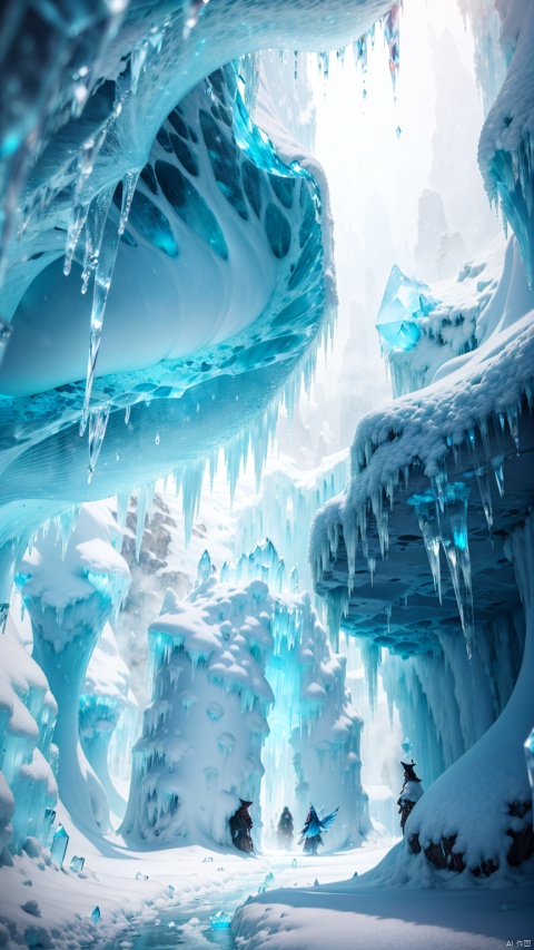 Enchanted Ice Caves: Delve into a realm of frozen wonders, a masterpiece captured by a skilled photographer using the RAW technique. This 8K photograph showcases the mesmerizing beauty of ice caves. The translucent blue ice formations, reminiscent of dragon scales, create an ethereal atmosphere. Soft, icy light filters through intricate patterns on the cave walls, casting an enchanting glow. It's a surreal landscape that transports viewers into a magical world.