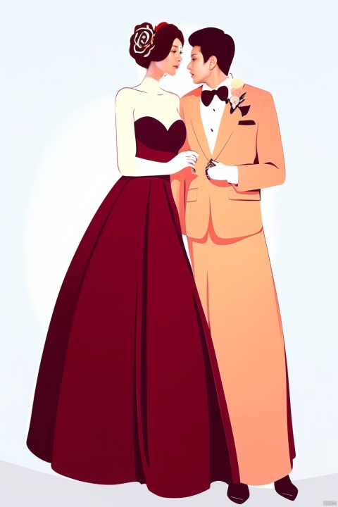  Valentine's Day,Flat painted style,1girl,1boy,rose,wedding_dress,simple background,,love,romantism,masterpiece,