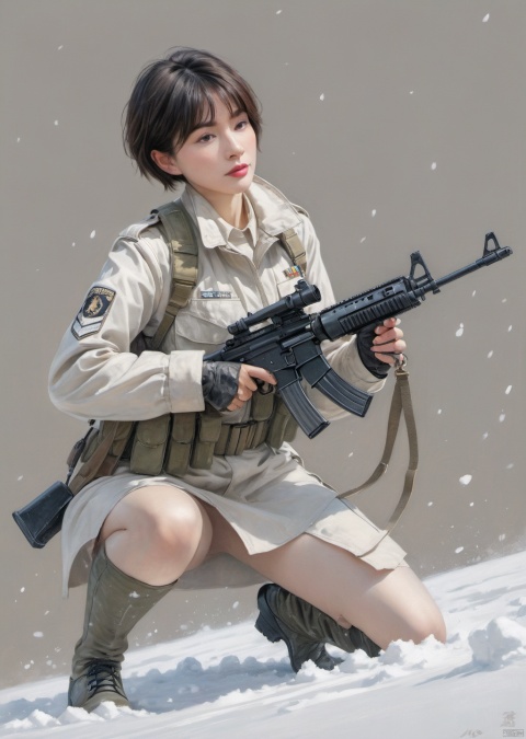  A short haired woman wearing a tight white military uniform, Kneeling on one knee, aiming action,holding an assault rifle in her hand, pencil_skirt,snow, highly detailed, ultra-high resolution, 32K ultra high definition, best quality, masterpiece, nicehand