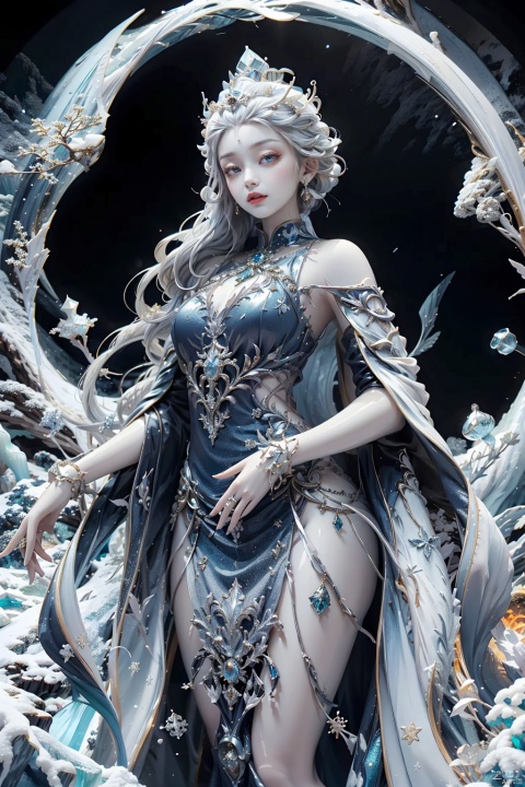 A regal ice queen, with flowing platinum locks that glisten like ice crystals, and eyes as cold and piercing as a winter's frost, gazing at the viewer with a gaze of icy command. Adorned in a gown of shimmering snowflakes and frosty jewels that sparkle with an inner frosty light, she stands amidst a backdrop of frozen tundras and icy glaciers, exuding an aura of regal beauty and icy elegance. Her lips are painted in a deep frosty blue, mirroring the hues of the frozen world that surrounds her and adding to her majestic and commanding presence as an ice queen of the winter realm.