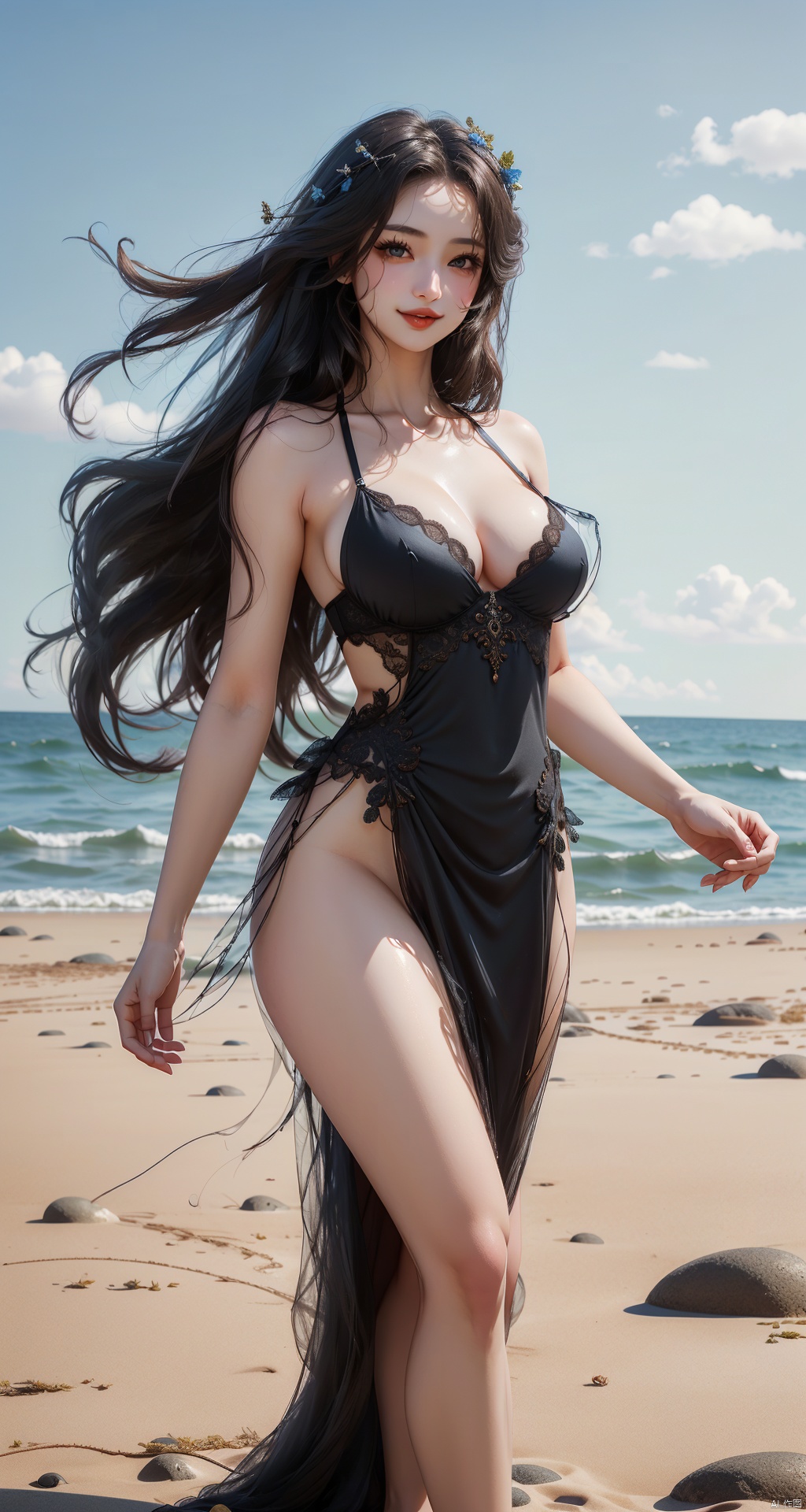  (Blue Sky, seaside:1.3),
a beautiful woman, 1girl, solo, long hair,wind flowing hair, perfect body, Coordinated figure, glossy skin, underwear, with a sweet smile, waiting for someone, 
(largebreasts:1.2), (dress),blackdress, 
The best quality, Ray tracing, 8k,(masterpiece, best quality:1.4),finely detailed, best structure,
