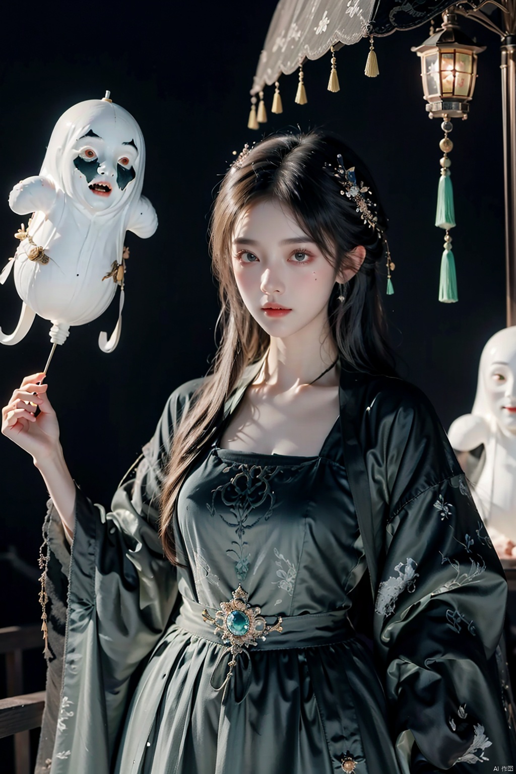 A girl with long, white hair is the central figure in a ghostly procession, her soul flag a beacon in the darkness. The ghosts and monsters, including a lantern ghost, an umbrella ghost, and a jiangshi, follow her lead. This CG wallpaper, rendered in 8K resolution, captures the grandeur of a hundred ghosts' night walk, with each supernatural being designed with official special effects for a truly immersive experience.