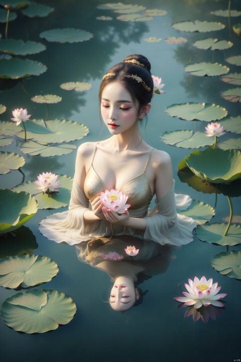 Lotus Enchantment - An alluring vision of a woman whose form is adorned with delicate lotus petals, each one intricately painted onto her skin. She is surrounded by a serene pond, with water lilies floating around her, reflecting the soft moonlight. Her gaze holds a mysterious allure, as if she is the embodiment of the lotus itself—beautiful yet unattainable.