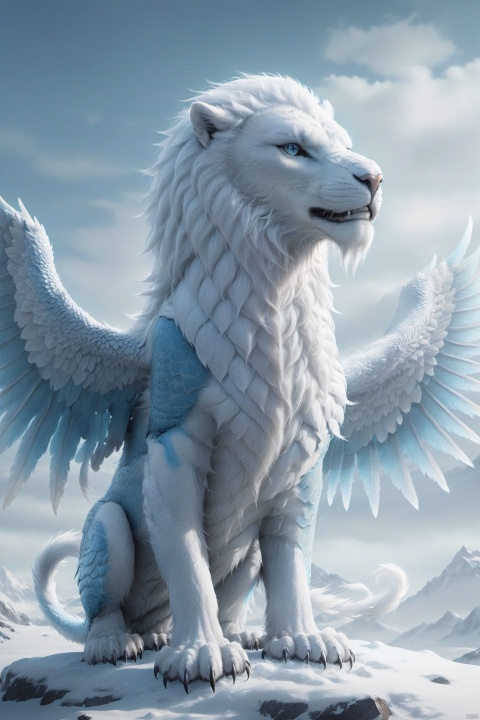 Glacial Griffin, A formidable guardian with the body of a lion, the wings of an eagle, and the head of a dragon. Its fur is as white as the purest snow, and its breath frosts the air, creating a chilling breeze that precedes its arrival.