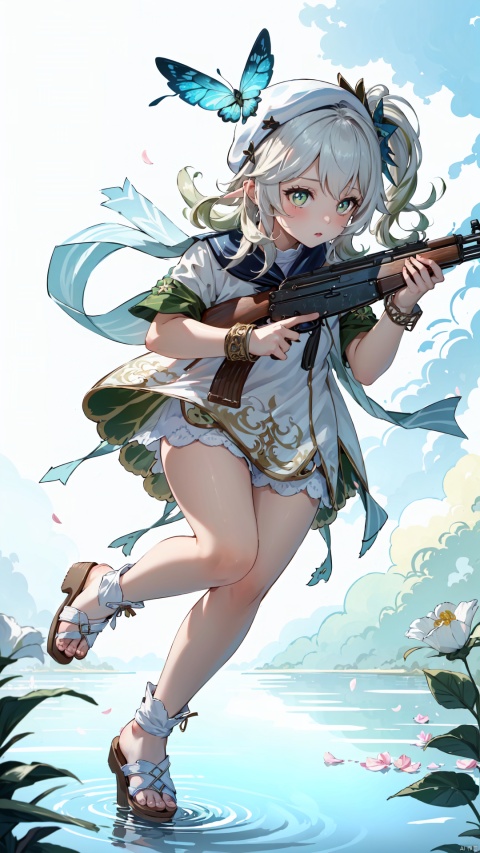  masterpiece, best quality, full body,[(white background:1.2)::8],(mid shot:0.95),dynamic angle, 1girl,loli,(((holding AK-47, holding gun, ak-47, akm, assault rifle, kalashnikov rifle, aiming, finger on trigger))),
solo,barbarasumsolo,bare legs ,blue_sky, cloud_sky,underfoot, clover, bubble, water, petals, bloom, girl in flower,streamBlonde brown hair, curly hair, English sailor hat, ribbon, long streamers, white butterfly and white Pacific flower decoration, blue sailor costume, little yellow duck element, Yellow bow, Bohemian sandals, Pacific flower, cuteloli