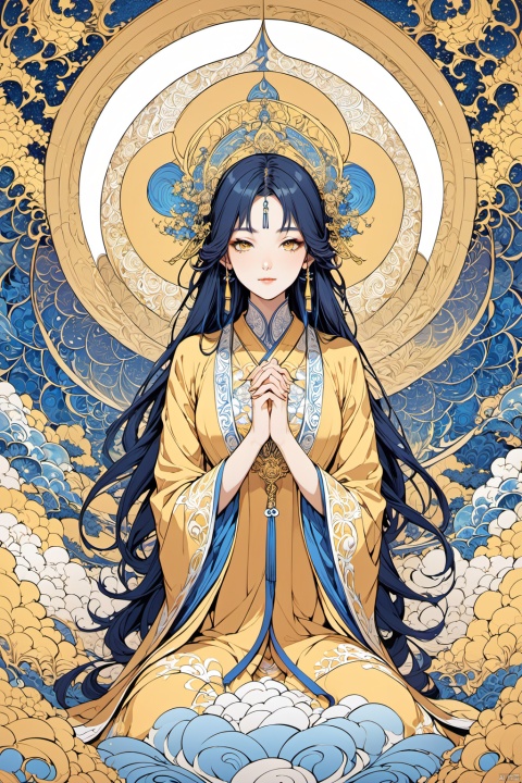  masterpiece,best quality,1girl,fractal art,lineart style,

Mystical Daoist, A solitary woman in a simple yet elegant yellow robe, reminiscent of ancient Daoist priests. The robe is adorned with subtle blue and white patterns, symbolizing the harmony between heaven and earth. Her hands are clasped in a meditative pose, and her gaze is distant, as if lost in contemplation of the Dao.