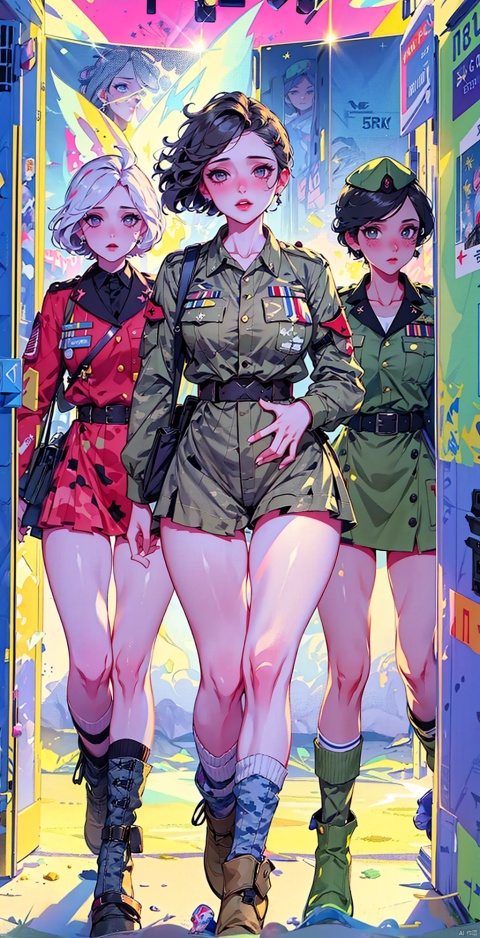  ((best quality)), ((masterpiece)), ((ultra-detailed)), extremely detailed CG, (illustration), ((detailed light)), (an extremely delicate and beautiful), (5 beautiful British female soldiers:1.5), young, (cinematic composition), ( walking towards the camera, dramatic lighting,Looking towards the camera:1.1), (Tall, tall, and sexy:1.1), (group shot, gathered, friends), (multiple girls:1.2), looking at viewer, standing, sitting, Camouflage clothing, v-signs
