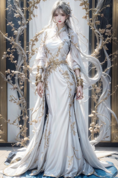 A stunning girl with strikingly long hair, emanating confidence and sophistication. She wears a glamorous gown with intricate details, paired with elegant heels. Her long, flowing hair is styled in a sleek, sophisticated manner, framing her face beautifully. The background is a luxurious ballroom, with ornate decorations and a grand staircase, adding to the elegance of the scene.