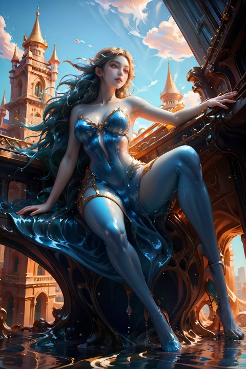  A stunning giantess, reclining on a city rooftop, her massive figure stretching far beyond the tallest buildings. Her serene expression and gentle demeanor make her seem like a peaceful giantess watching over the city below, her beauty and grace captivating all who see her.