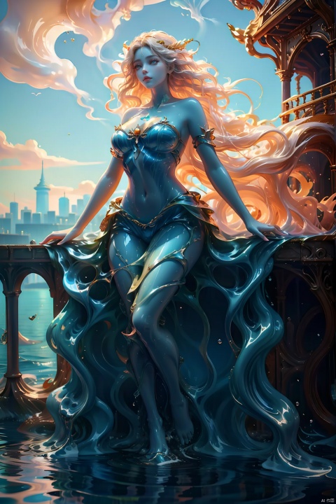  An enchanting giantess, standing at the edge of a city pier, her feet submerged in the water below as she gazes out at the sea. Her colossal size makes her seem like a mythical sea goddess, with the city skyline as her backdrop, in awe of her majestic presence.