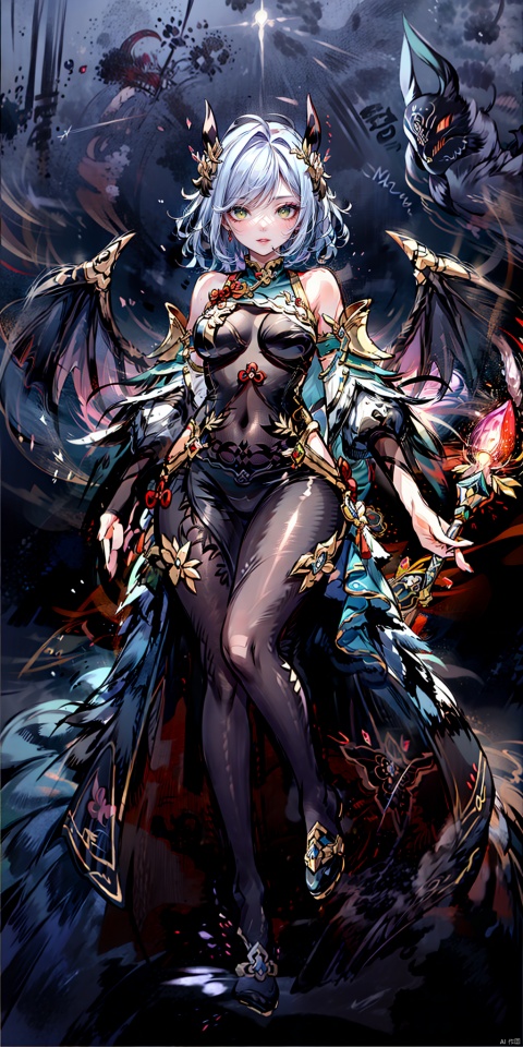 A fierce warrior woman with a commanding presence, her short deep blue hair and piercing green eyes are highlighted with dramatic eyeshadow and a bold lipstick. She sports devil horns and a sly grin, wearing a battle-ready outfit with bat wings and mesh socks. The image is set against a dark, mysterious background, with a focus on her bare shoulders and the mole on her breast. The natural skin texture and sharp lighting create a high-quality, ultra-detailed masterpiece.