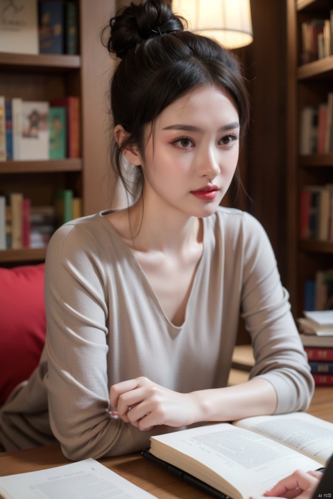 Stunning CG depiction, full-body pose (1 girl: 1.2), inside a cozy bookshop, detailed shelves of books, girl flipping through pages, hair tied into a low bun, smart casual outfit, slender frame emphasized, intelligent eyes, gentle features, soft smile, intellectual atmosphere, blurred book spines in background, (intelligent eyes: 1.3), (gentle face: 1.3), (slender frame: 1.3), (intellectual setting: 1.3), (warm lighting: 1.2)