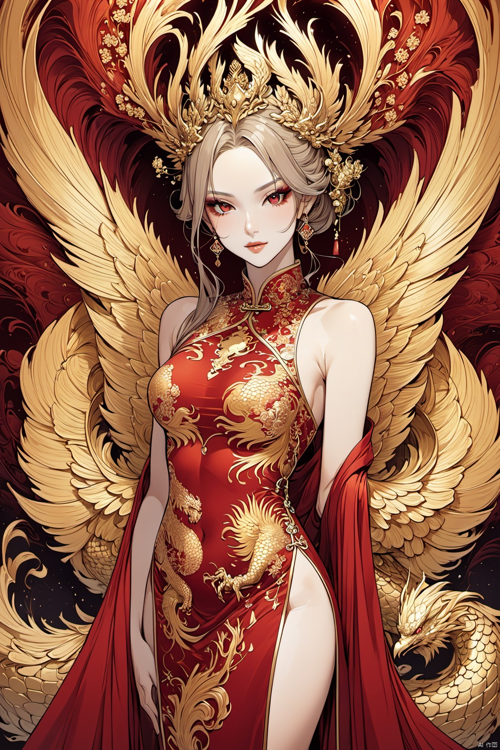  masterpiece,best quality,1girl,fractal art,lineart style,

Imperial Enchantress, A regal figure in a dragon-embroidered cheongsam, the deep red fabric hugging her form, symbolizing power and prosperity. Her hair is styled in an elaborate updo, adorned with a golden phoenix crown, reflecting the opulence of the imperial court.
