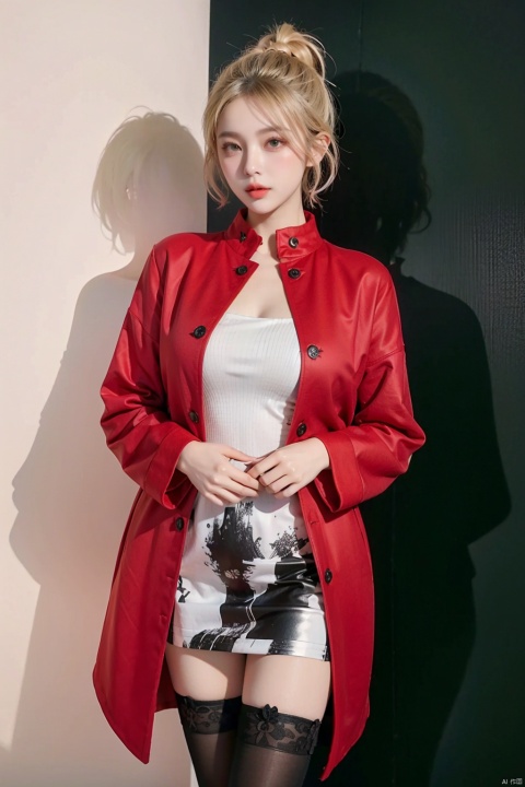  Outdoor scenery, snow view, Snow Mountain, girl, red wool coat, pretty face, short hair, blonde hair, (photo reality: 1.3) , Edge lighting, (high detail skin: 1.2) , 8K Ultra HD, high quality, high resolution, the best ratio of four fingers and a thumb, (photo reality: 1.3) , wearing a red coat, white shirt inside, big chest, solid color background, solid red background, advanced feeling, texture full, 1 girl, Xiqing, HSZT, Xiaxue, dongy, a girl, magic eyes, black 8d smooth stockings, 1girl, (\xing he\), xiqing, kll, Ink painting, greendesign