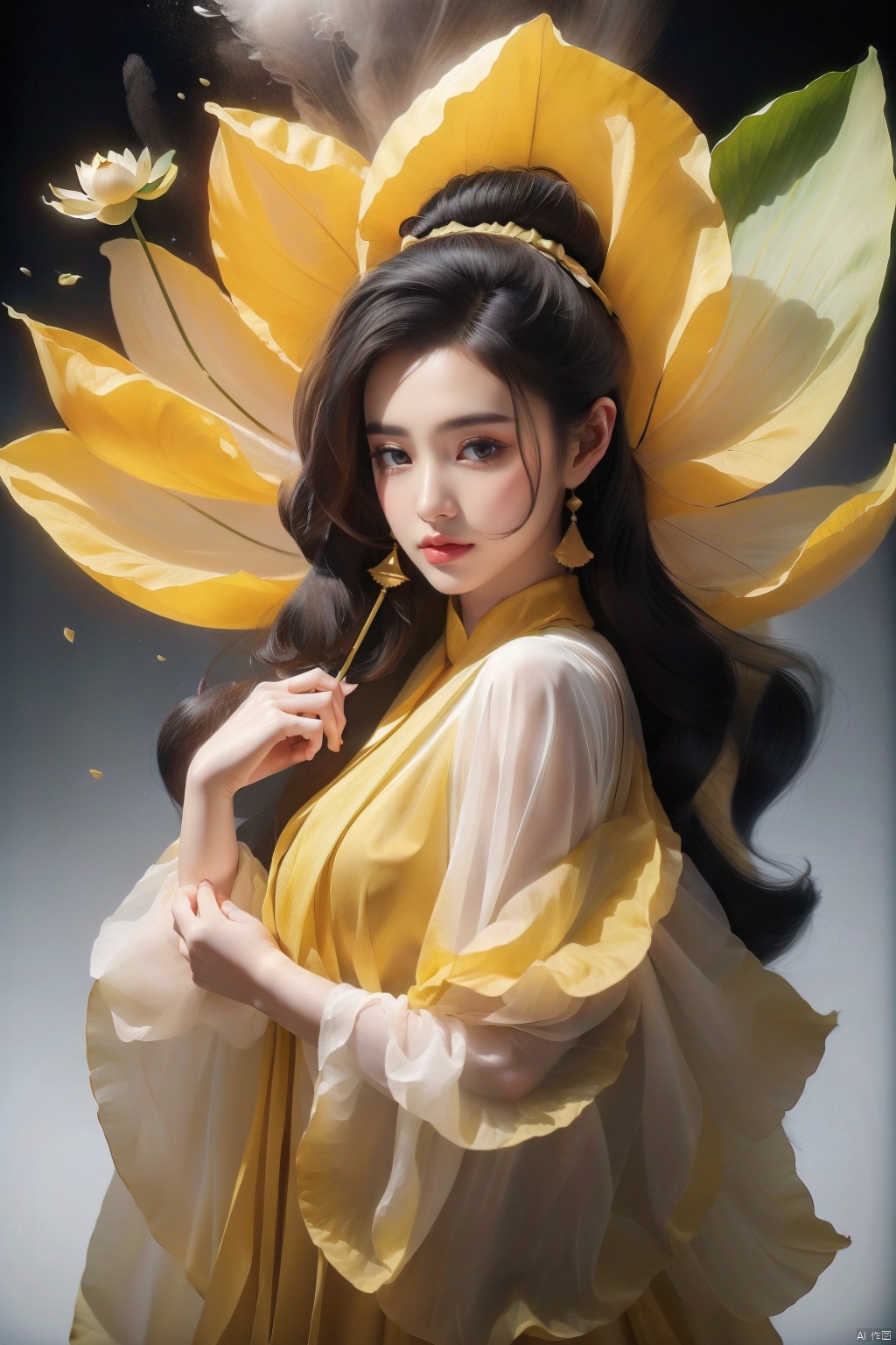  heise jinyao, inspired by Zhang Han, xianxia fantasy, flowing gold robes, (Colorful, colorful hair),inspired by Guan Daosheng, long hair, fantasy art style,,Ink scattering_Chinese style, lotus leaf, 1girl, glaze