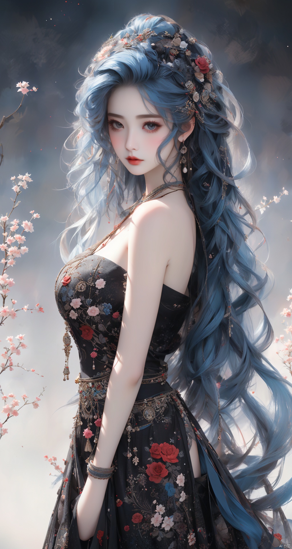 An intricate portrayal of a captivating girl with flowing blue hair gently framing her face, adding an aura of mystery and allure. Her uniform is detailed in 8k resolution, capturing every nuance of the fabric and design under the magical play of cinematic lighting and lens flares, creating a visual feast for the eyes.
