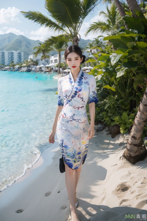  A beach vacation concept, with a model in a tropical resort setting, wearing a stylish swimsuit and a flowing beach cover-up. The backdrop includes palm trees, sandy beaches, and a clear blue sky, creating a sense of relaxation and luxury., china dress\(haihang\), greendesign, Ink painting