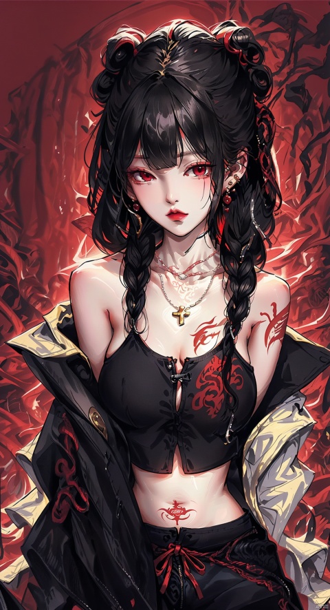  Best quality,8k,cg,1girl, jewelry, eastern dragon, solo, braid, black hair, tattoo, earrings, pants, looking at viewer, arm tattoo, black pants, crop top, long hair, bangs, jacket, sleeveless, dragon, hair bun, necklace, double bun, parted lips, off shoulder, bare shoulders, sitting, yellow jacket, small breasts, lips, midriff, red eyes, shoulder tattoo, breasts, makeup, blunt bangs, hair over shoulder, futuaner,Round and big breasts:2.9,Huge tit:1.9,Exquisite visuals,Ultra-shiny,Colossal tits,Sexy Big Breast,