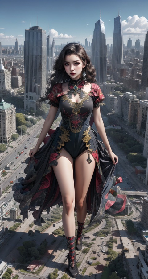  A mesmerizing giantess, walking through a city street with confident strides, her towering form casting a shadow over the buildings around her. Her beauty and grace are unmatched, and people stop in their tracks to marvel at her stunning presence.