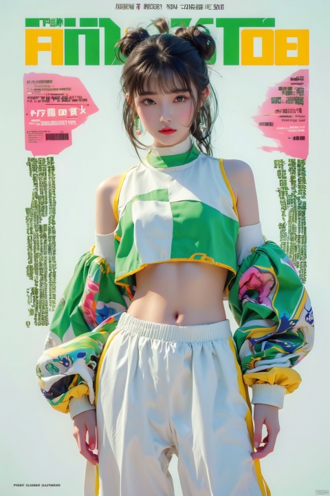  offcial art,colorful,Colorful background,splash of color,movie perspective,(advertising style, magazine cover:1.3),Best quality,masterpiece,ultra high res,Modern,Chinese,Song rhyme,Oriental,pretty,cowboy shot,1girl,black hair,bangs,bare shoulders,(White and green background:1.3),green eyes,simple background,sneakers,socks,White and green dress,open jacket,hair bun,puffy long sleeves,(crop top:1.3),pants,(full body:1.1),(Snake:1.2), nicehand, Ink painting