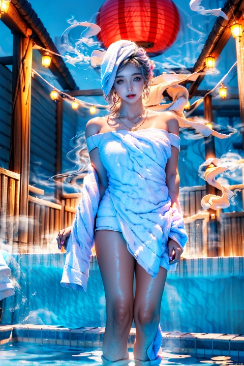  1girl bathing in the pool,blue-pink smoke, shoulders exposed to the water surface (wrapped in a towel: 1.5), (hot spring), lantern, night,girl, bust, long white hair, flowing long hair,rosy lips, fair skin, off-the-shoulder, collarbone, necklace,silver jewelry, 1girl,high_heels