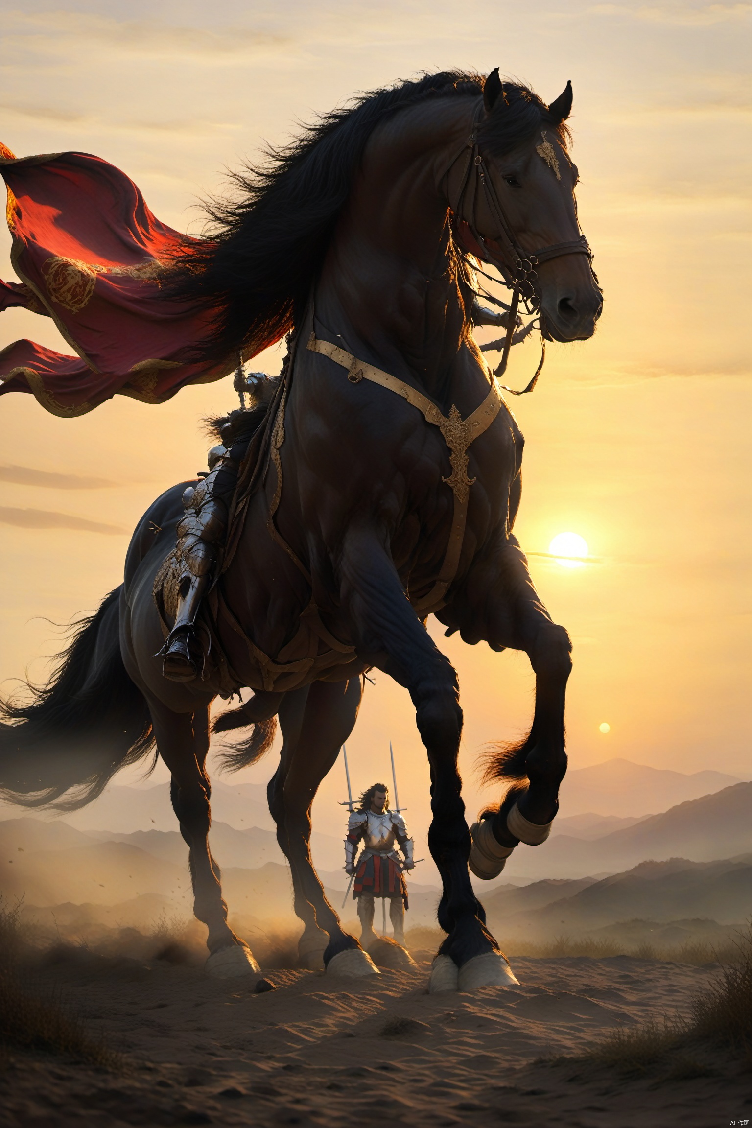 A noble knight and a majestic stallion, its coat as dark as the midnight sky, stand together on a battlefield, the knight’s armor gleaming in the light of the setting sun, his sword raised high, prepared to lead his men into battle, the stallion’s mane flowing like a banner, its stance proud and strong, their courage and strength inspiring all who fight alongside them.