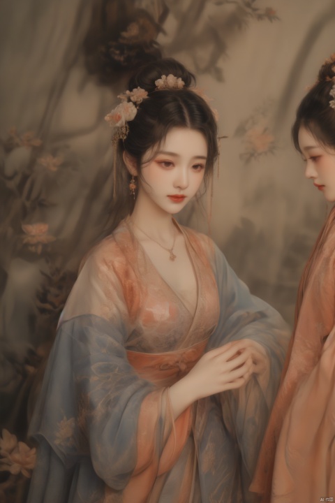 HDR,UHD,8K,Highly detailed,best quality,masterpiece,hair ornament, hanfu, flower, chinese clothes, jewelry, necklace, red lips, black hair, hair flower, solo focus, multiple girls, blurry, long hair, 3girls, ribbon, looking away, makeup, earrings, sash, white flower, depth of field, looking down, long sleeves, lips, closed mouth, hair bun, hair stick, wide sleeves, robe, upper body, mirror, brown eyes, hair ribbon, beads, dofas,qinghuaci,suxiu, nicehand, hongxiu