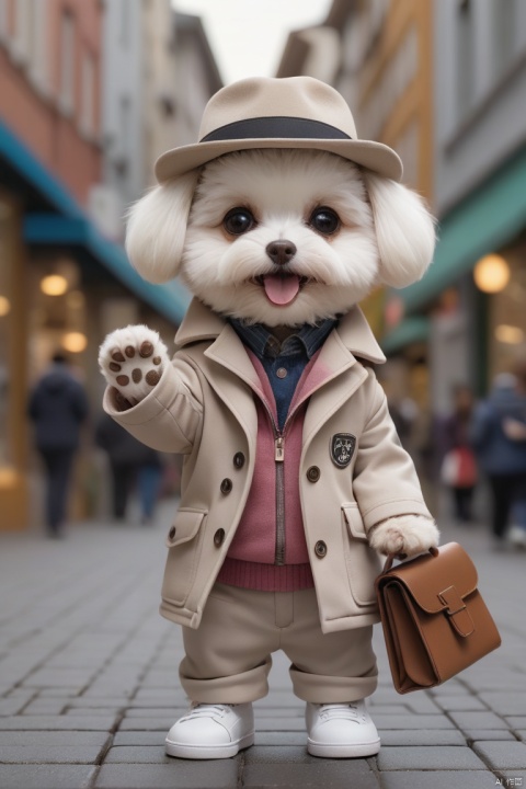  (chibi:1.5), 
a cute little Bichon Frise (anthropomorphic) 
Donning a fashionable ensemble (a designer coat and fedora, casual sport pants, white sneakers), weaving through the bustling shopping district, greeting the camera with a cheerful smile, bouncing energetically, and embracing the surroundings with open arms.
hyperdetailed intricately detailed, fantastical, intricate detail, 
complementary colours, fantasy, concept art, 8k resolution, maomika