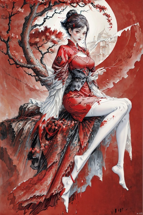  red background,Exquisite work, masterpiece, master composition, ink wash, ginkgo tree,（wind blowing）, morning mist, mmeng, macron, FF, white pantyhose, vampire