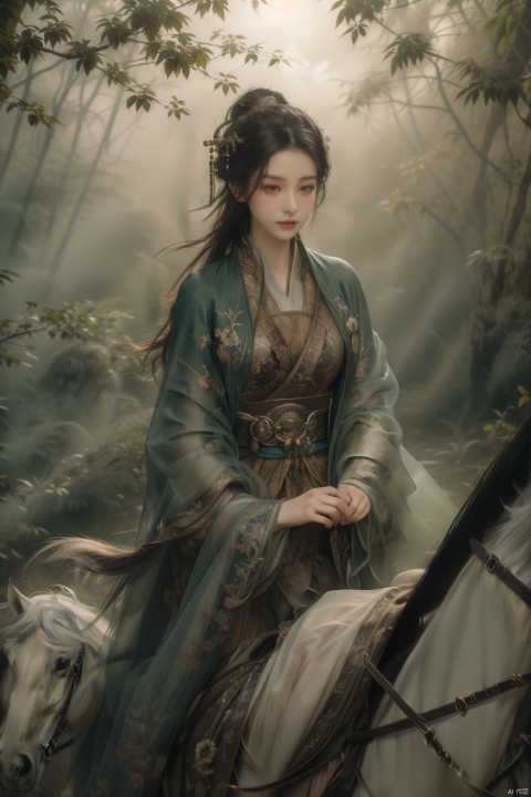 A mystical scene where a woman, cloaked in a flowing emerald green cloak, rides through a forest shrouded in mist, her pale skin glowing in the soft morning light. Shot in a way that the horse's breath and the mist blend seamlessly, creating an ethereal ambiance in 8K resolution.
