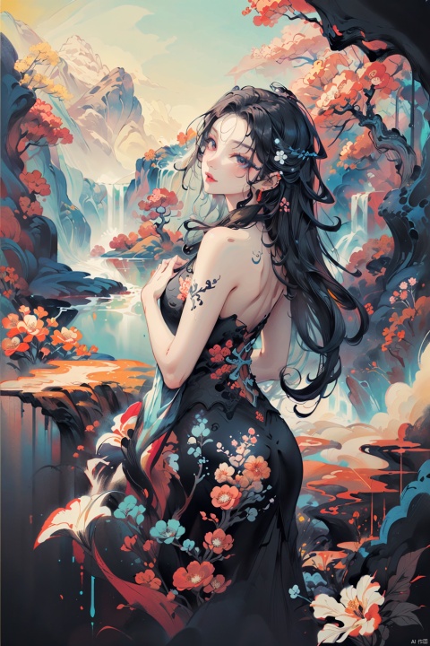  Masterpiece, best quality, realistic details, 
A enchanting beauty from the Sui Dynasty, with her long black hair cascading down her back, stands in a picturesque landscape. She is wearing a sleeveless ink painting dress with a vibrant floral print, and her arms are gracefully at her sides. Her lips are painted a deep red, and her eyes are a piercing blue. The background is a blurred scene of the landscape, capturing the essence of the era’s artistic beauty.