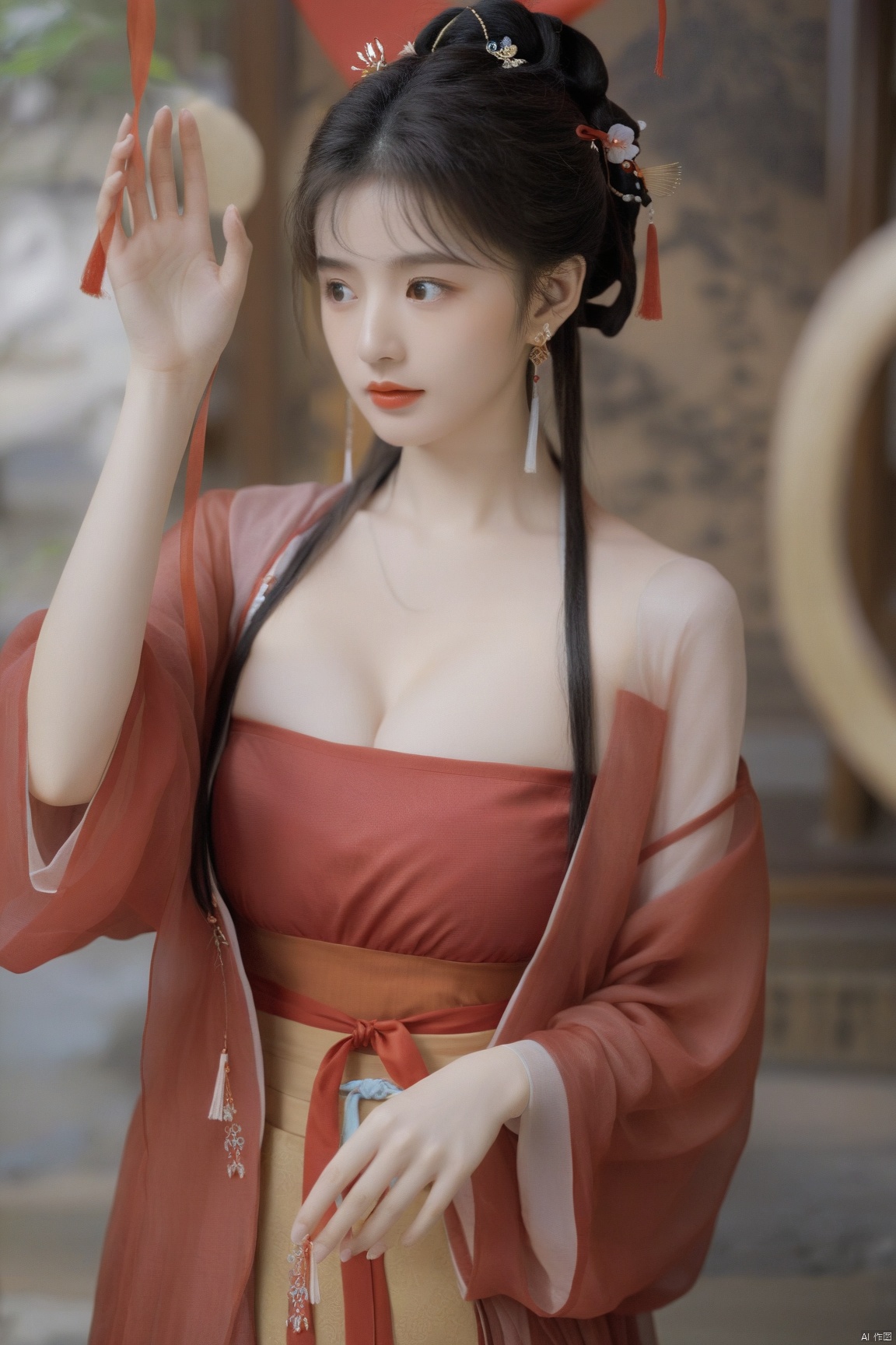  (masterpiece, top quality, best quality, official art, beautiful and aesthetic:1.2),gf-hd, 1girl, solo, hair ornament, jewelry,hanfu dress, red dress, earrings, chinese clothes, brown hair, ribbon, hanfu, red ribbon, shawl, song_hanfu,(big breasts:1.39), monkren, nicehand