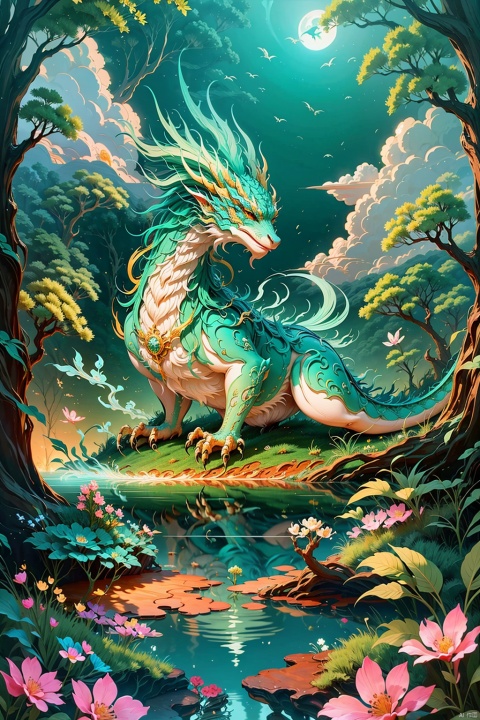  Clouds, green dragons, forests, lakes, flowers, beauty, best quality, masterpieces, ultra HD, super details, epic light and shadow, aesthetic, visual feast